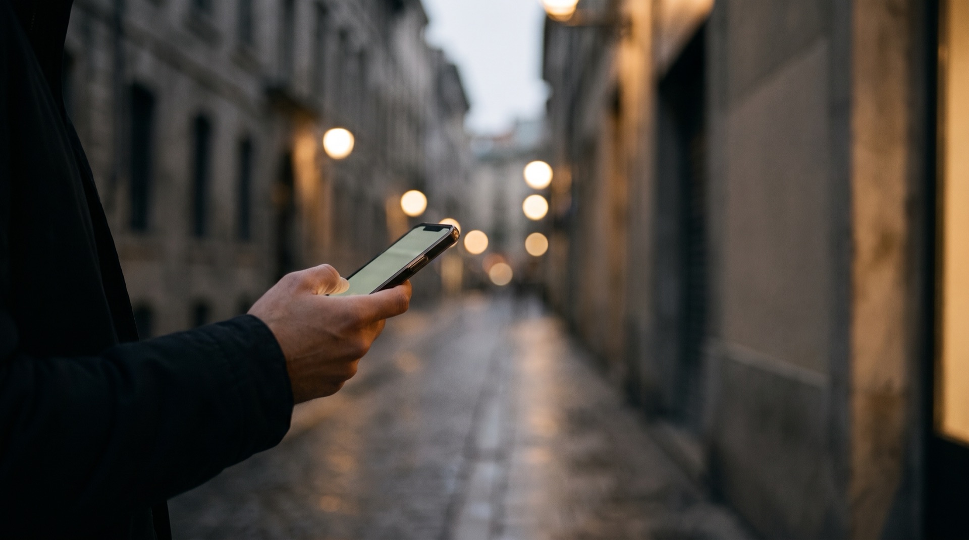 Akşam sokağında elde bir telefon, ekran ışığı ele vuruyor.